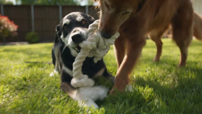 Two dogs playfully fight over a rope toy in a grassy backyard