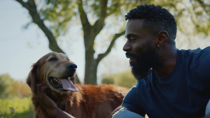 A man is petting his dog