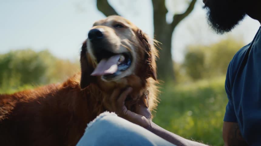 An owner pets his dog outdoors