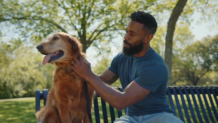 A clip of a man petting a dog