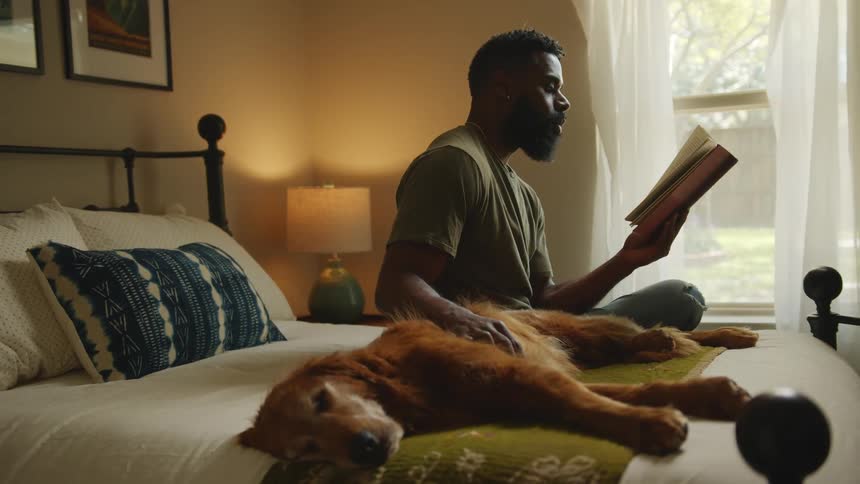 Man sitting on the bed reading a book while massaging his dog next to him who is sleeping