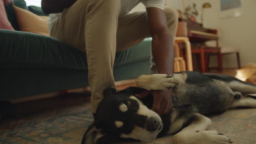 A black man sitting on the sofa in his living room at home holding a cup and stroking his dog who is lying in front of him on the carpet