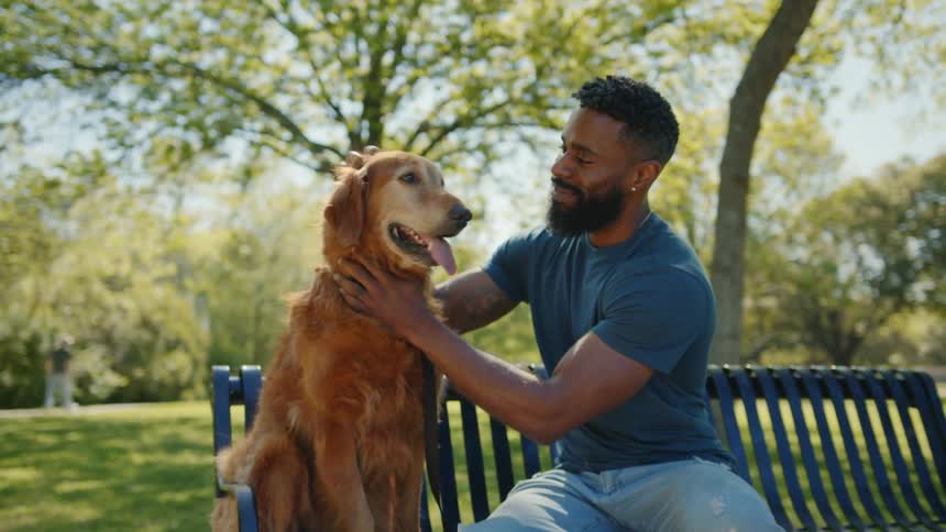 Man sitting on a bench in a park petting his dog next to him