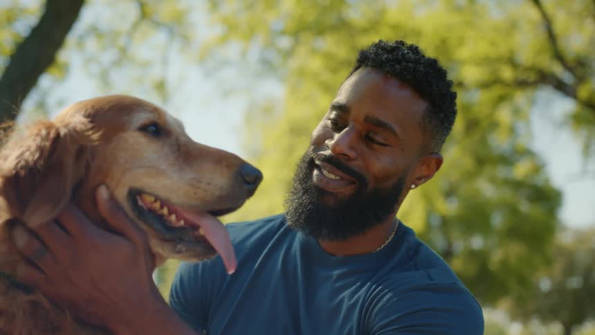 Bearded man smiles and talks to dog he is petting outdoors