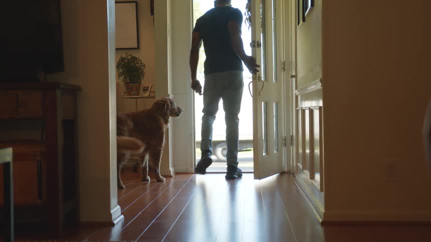 A man takes his dog out the house for a walk