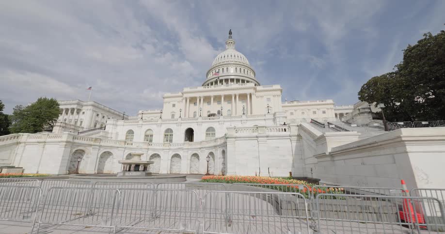 Flowers are in the plaza before the capitol building