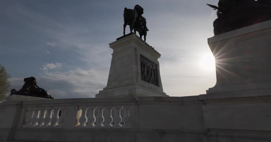 The landmark has statues on stone slabs