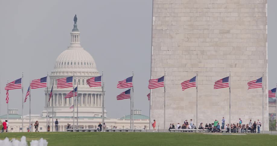Crowd of people in a washington monument plaza with the capitol in the background