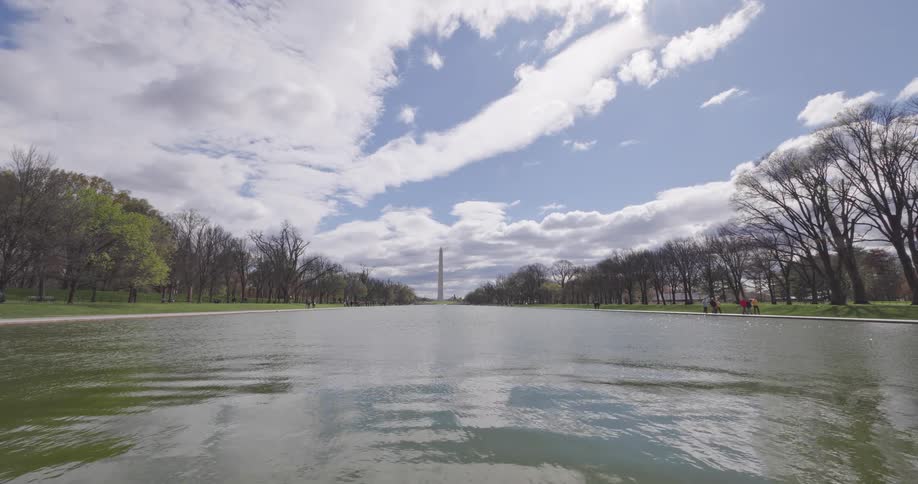 Scenery of a lake in a park with the washington obelisk in the background