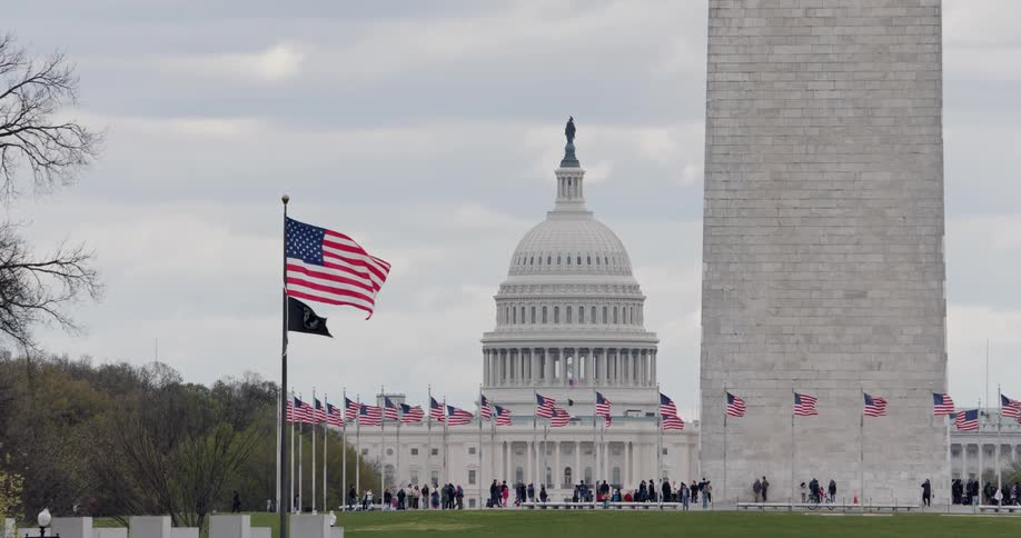 A crowd visiting the washington monument and the united states capitol