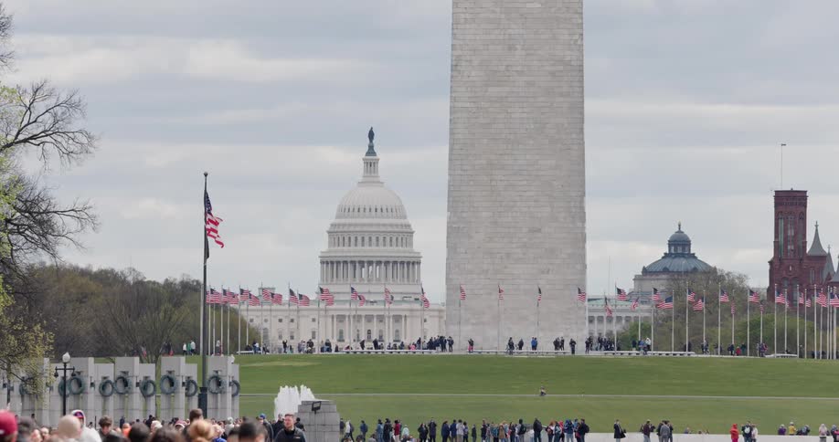 A crowd visits the united states capitol building with the washington monument in the background