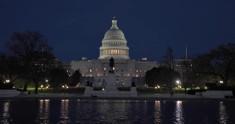 Washington capitol scene by a lake at night