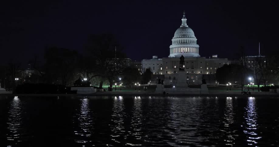 Panorama of a calm lake in front of the washington capitol at night
