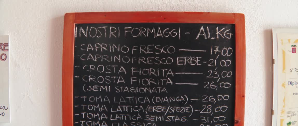Board with food names and prices in a restaurant