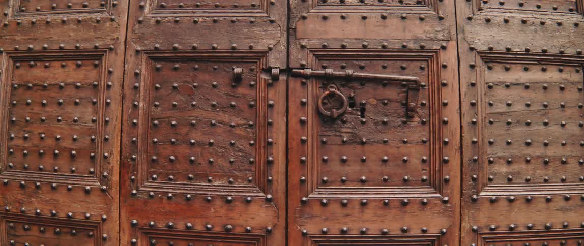 Timber door made of square panels reinforced with wrought studs