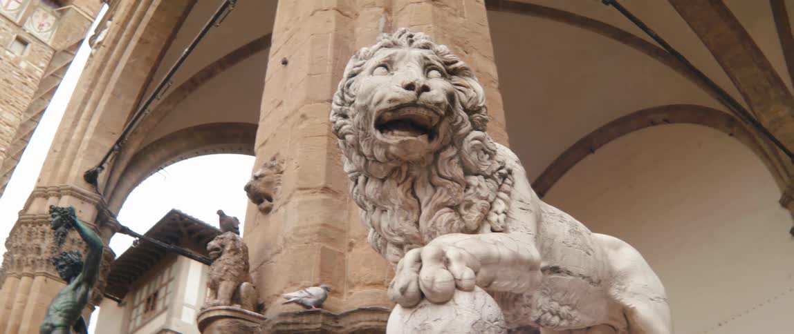 Close up of the famous lion statue in the loggia della signoria