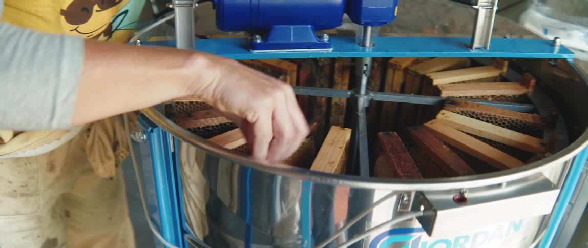 A persons hand checking bee honey plates inside a cylinder