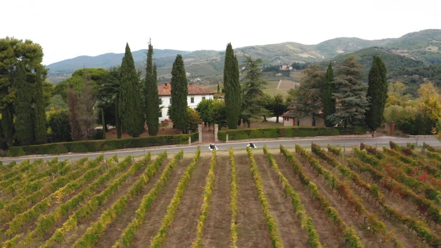 Motorcycles passing on a road near a vineyard with rows of vines and surrounding mountain range on a cloudy day