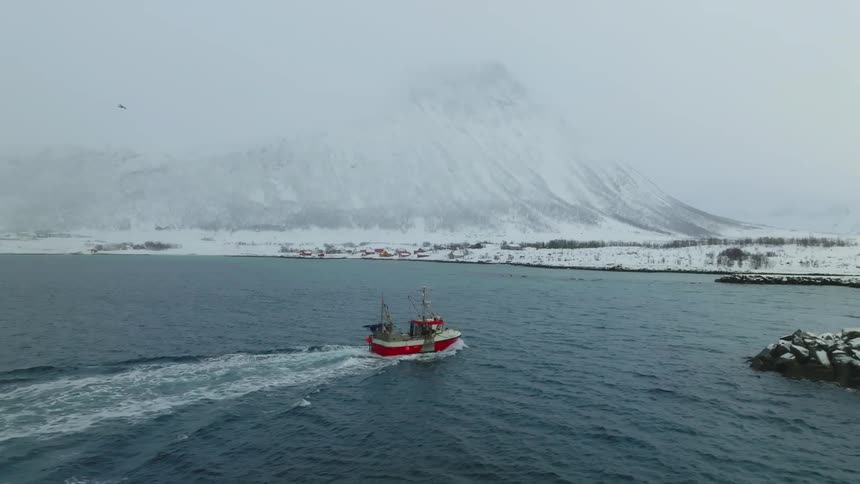 People standing on snowy breakwater in winter watch boat turn past