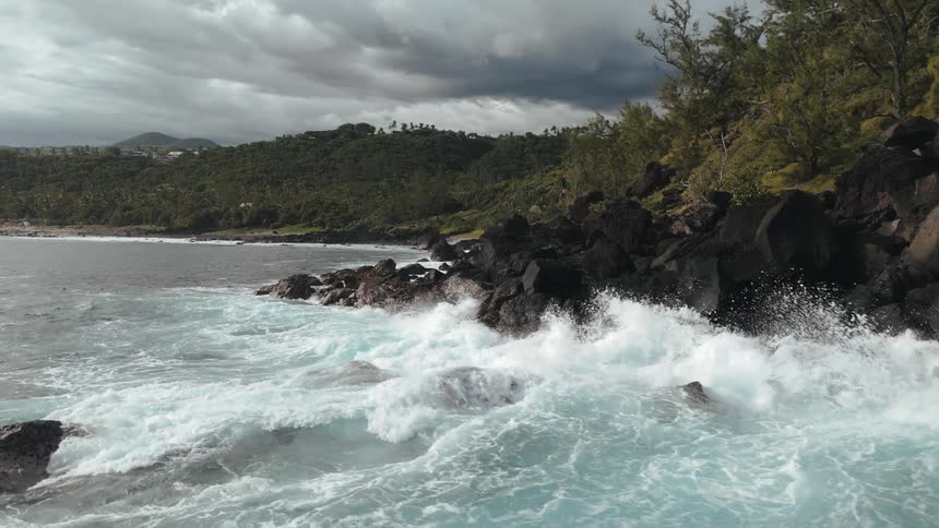 Seascape with waves crashing on the rocks on the wooded shores on a cloudy day