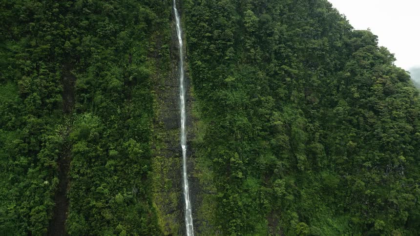 Thin waterfall cascades down a lush mountainside on a cloudy day