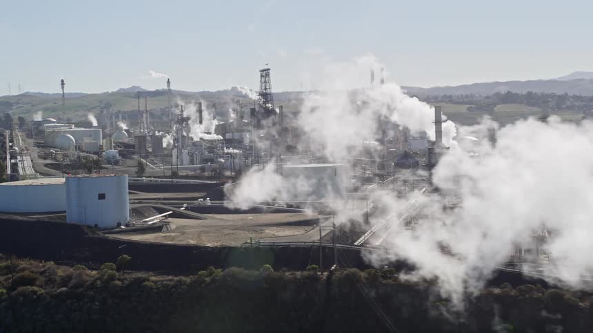 Aerial panorama of an extensive factory with chimneys releasing smoke and in the background an urban city with mountains horizontally