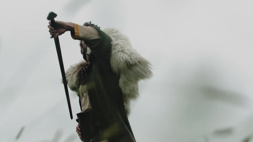 A medieval warrior unsheathes a sword on a field