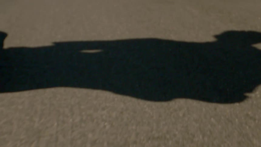 Skateboarder casts shadow while riding skateboard on paved road