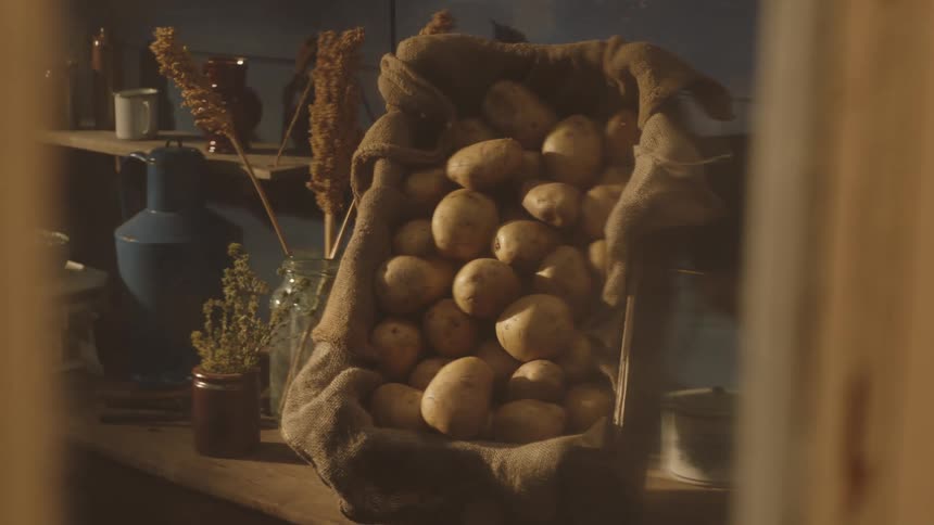 A crate of potatoes over a table in a rural kitchen