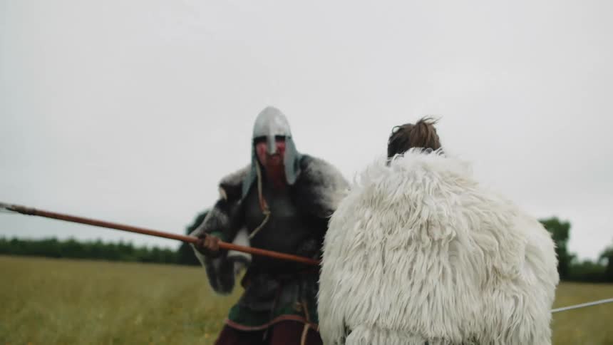 Viking warriors fighting in the open field on a cloudy day