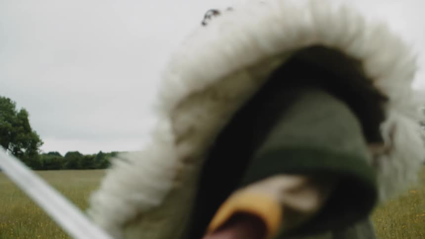 Viking man killing the enemy with an ax in the open field