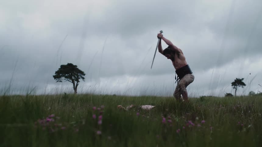 A warrior uses a sword to stab an enemy in a field