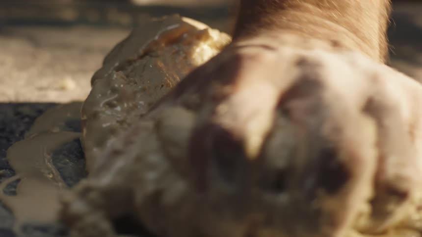 Closeup of a persons hand manually kneading bread dough