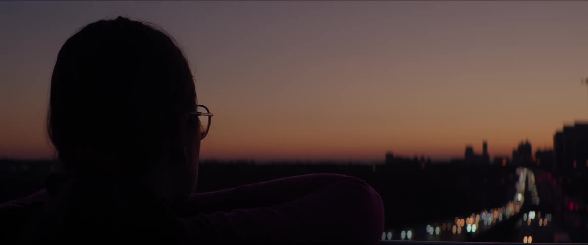 Person stands looking toward city skyline silhouetted against the afterglow as heavy traffic flows down highway