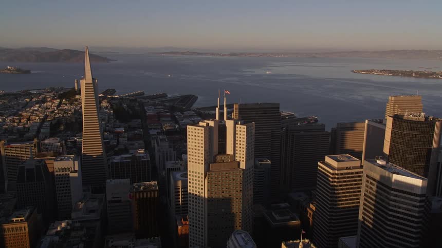 Aerial view of the san francisco city skyline at sunset