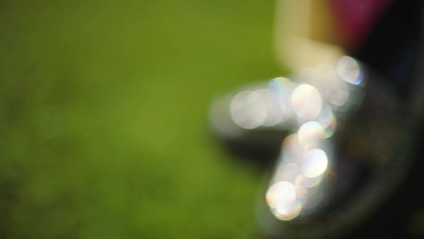 Blurry closeup of sparkling shoes lying on green grass