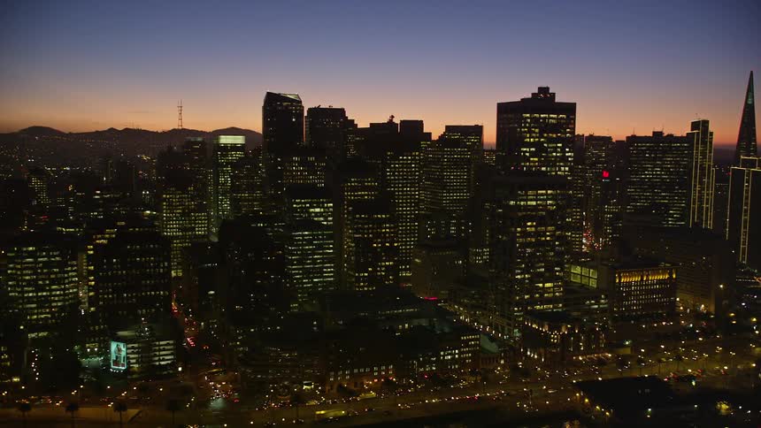 Aerial view of the san francisco city skyline at sunset