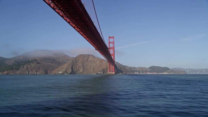 Aerial panorama of the golden gate bridge over the blue sea on a clear day