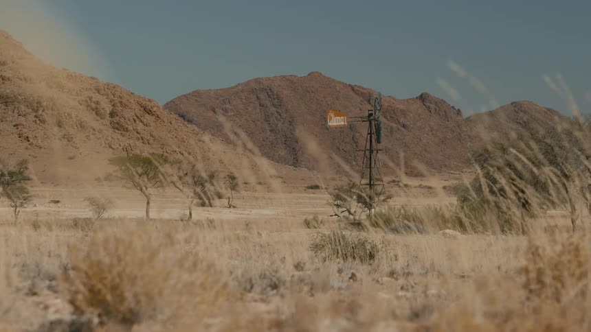Landscape with desert vegetation surrounding mountains and a windmill