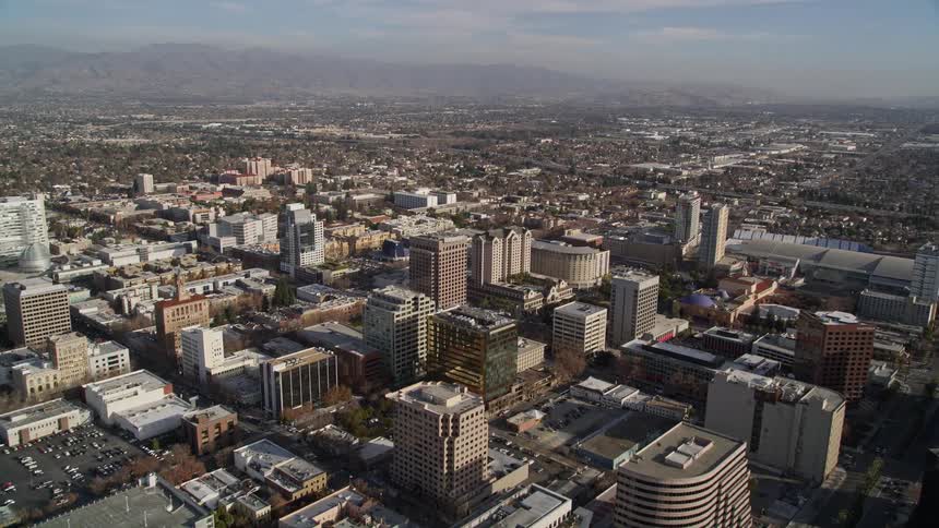 An aerial view of the cityscape of downtown san jose