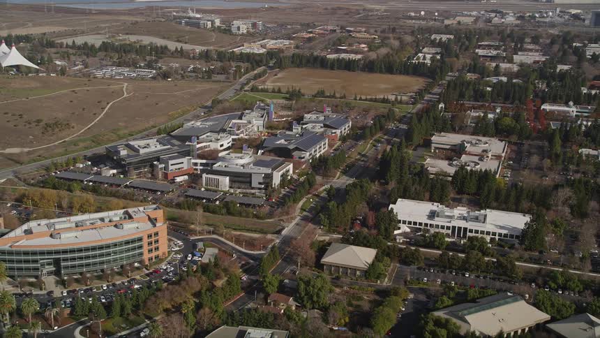 Aerial view of the google campus and surrounding cityscape
