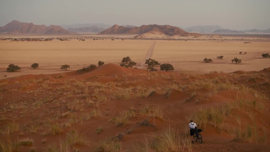 A bicyclist pushes their bike through a desert