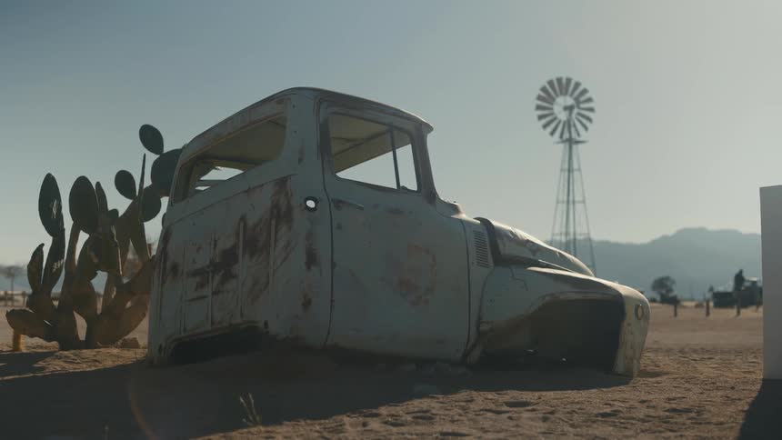 A clip of a scrap truck in the desert