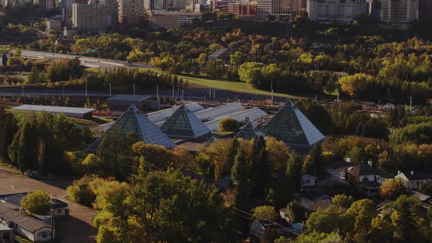 Aerial view of a glass conservatory near a city downtown