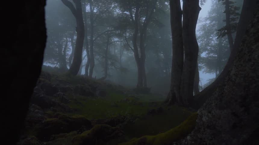 Forest with roots and trees on a foggy day