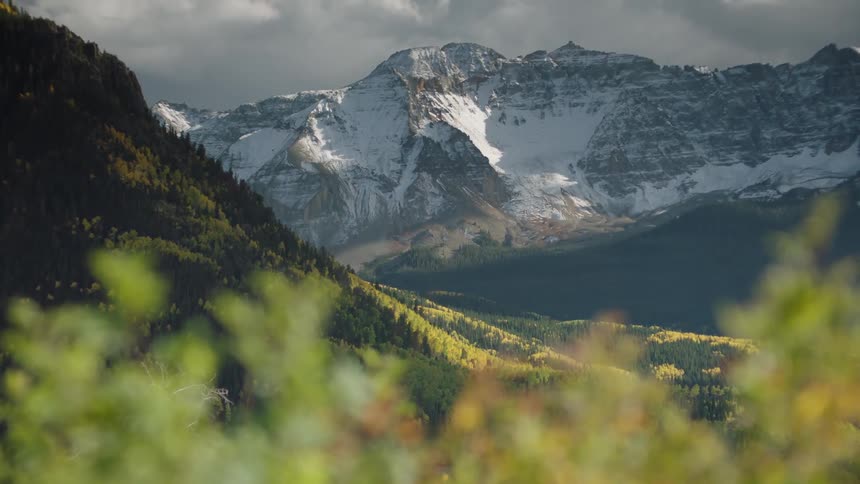 Snowcapped mountains with a forest in the foreground and a cloudy sky