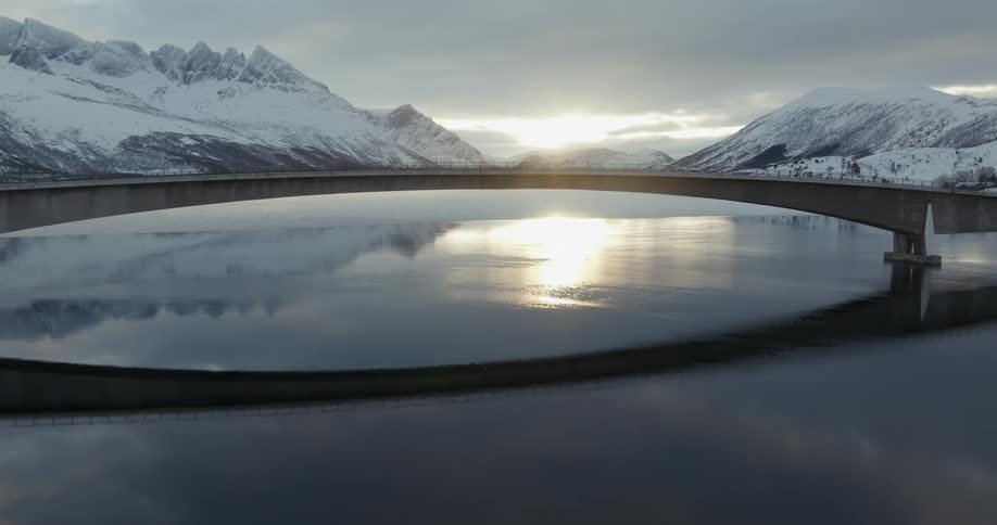 Landscape of a bridge over a lake with mountain ranges around it and the sunset on the horizon