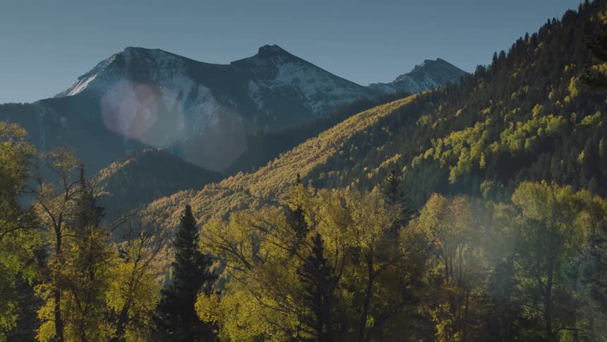 A mountain with a rugged peak towers over a forest of yellowleaved trees under a clear blue sky