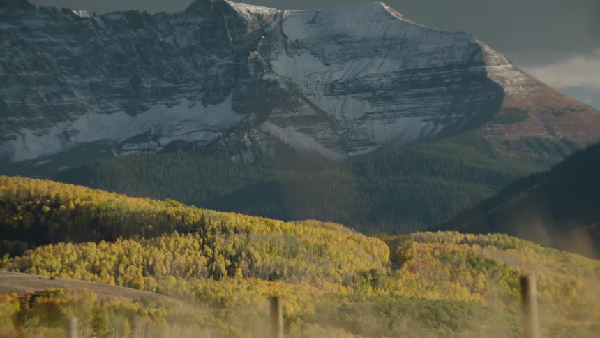 A mountain with a rugged peak towers over a forest of yellowleaved trees