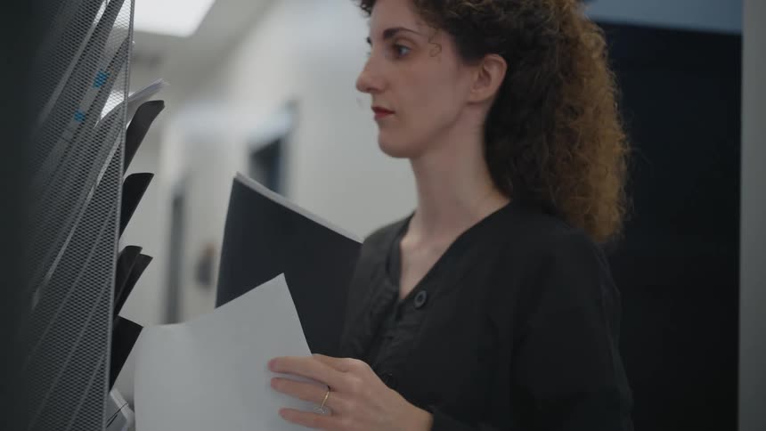 Office worker removes document from file before placing the file in a wall file bin
